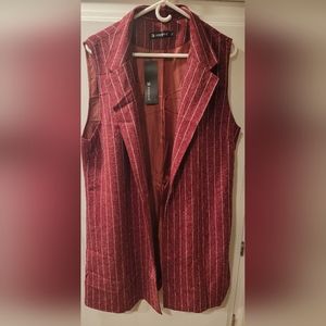 Allegra K Women Notched Lapel Open Front Textured Plaids Tunic Vest XL Red NWT!